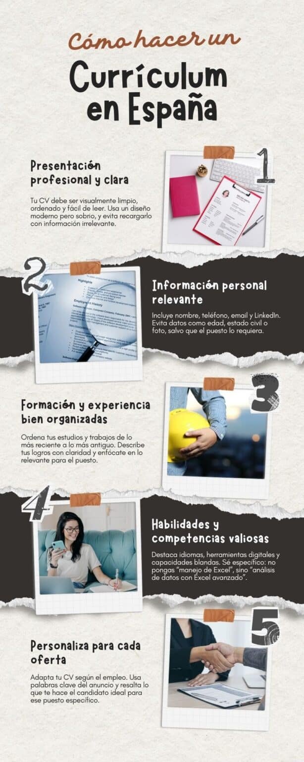 Infografía sobre cómo se hace un curriculum en España, destacando la importancia de una presentación clara, la inclusión de información personal relevante, y la organización de la formación y experiencia laboral.