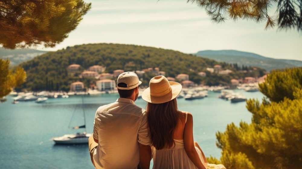 Pareja contemplando el mar durante una escapada de fin de semana en España en un destino costero.