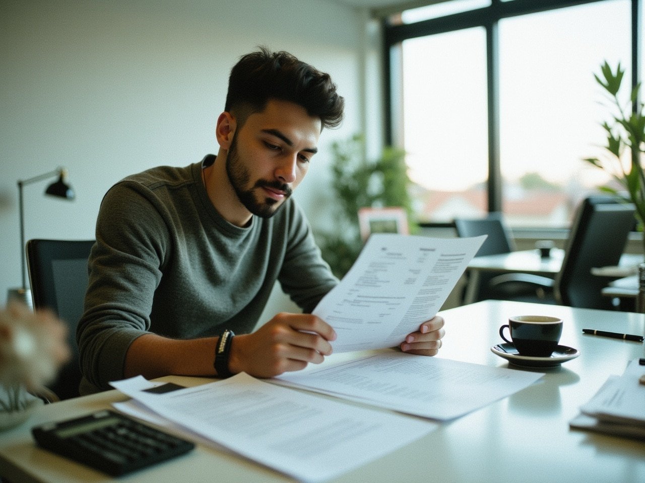 Joven migrante leyendo un contrato laboral en una oficina moderna, reflexionando sobre cuánto es el sueldo mínimo en España.