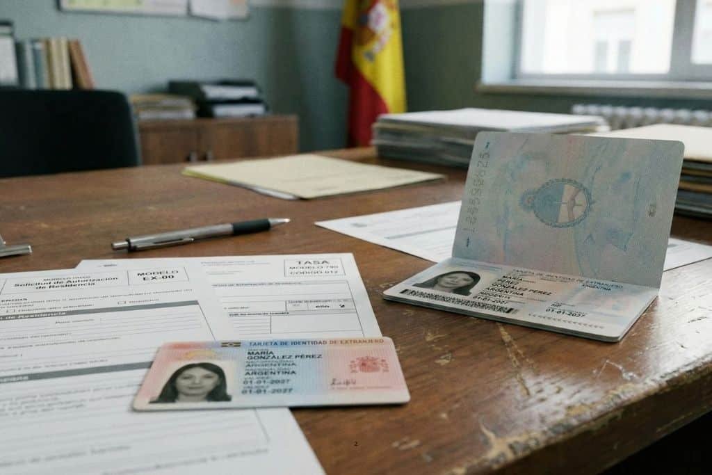 Renovar permiso de residencia en España: documentos, pasaporte y TIE sobre una mesa para preparar la solicitud.