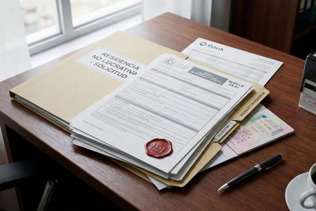 Residencia no lucrativa en España: carpeta con la solicitud, formularios y documentación