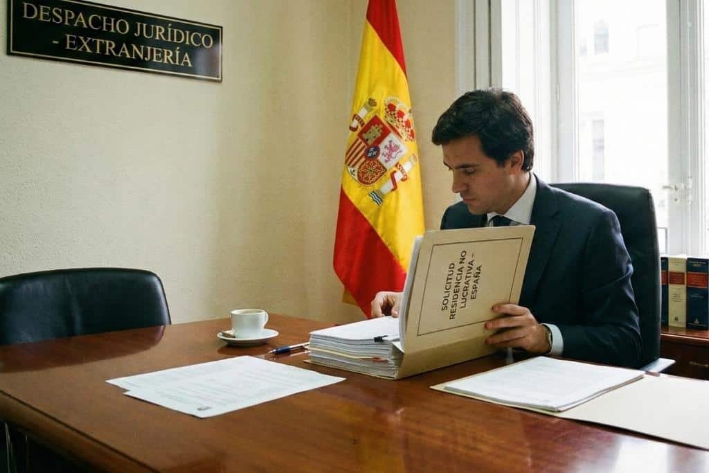 Residencia no lucrativa en España: abogado revisando la solicitud y documentación